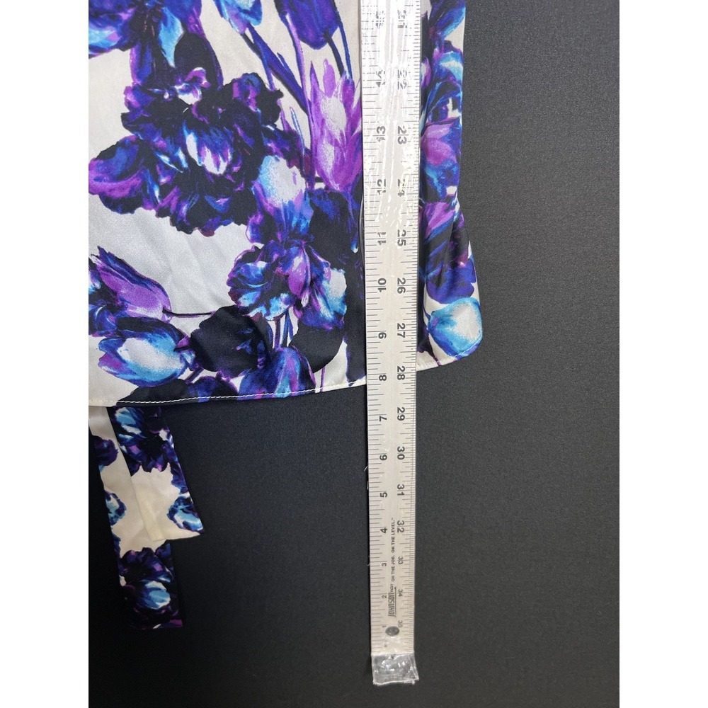 Worthington White Purple Blue Floral Blouse L Cap Sleeve Zip Back Tie - Picture 3 of 6